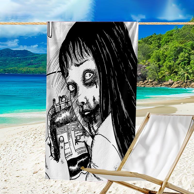 proof beach towel with a Thriller Manga Junji Ito Tomie2 pattern - soft,absorbent,quick-drying,machine washable - perfect for swimming,camping,bathing