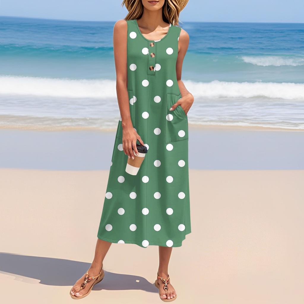 Women's Summer Polka Dot Print Dress Sleeveless Button Down Casual Loose Long Beach Sundress
