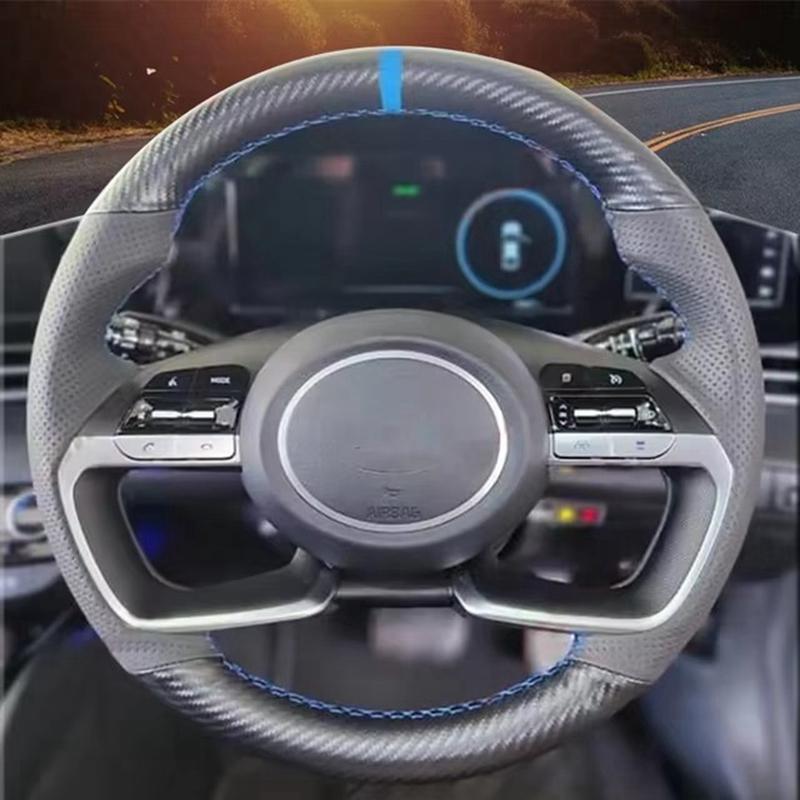 Hand Stitched Carbon Fiber Leather Car Steering Wheel Cover For Hyundai AVANTE Santa Cruz Tucson Plug I20 Tucson CN7