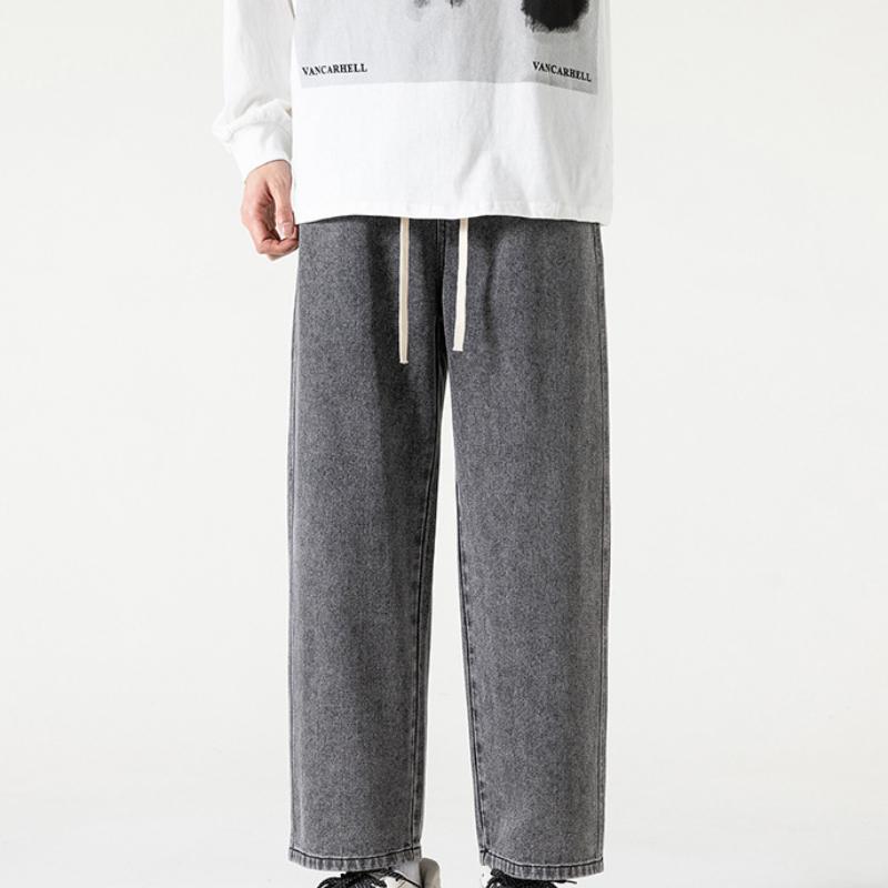 Elastic Waist Nine-point Jeans for Men, Men's Versatile Loose Straight Basic Solid Color Wide-leg Pants