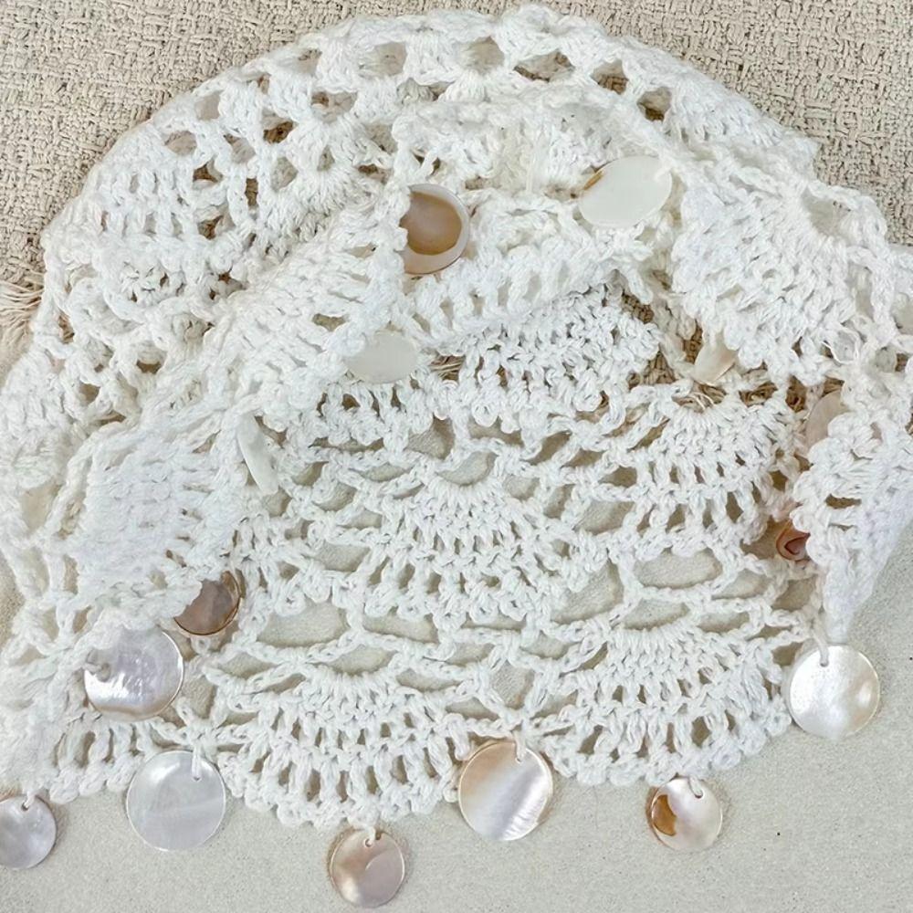 Thin Shell Tassels Hat Elegant Bohemian Style Beanies Sweet Hollowed Out Knitted Hat Spring Summer