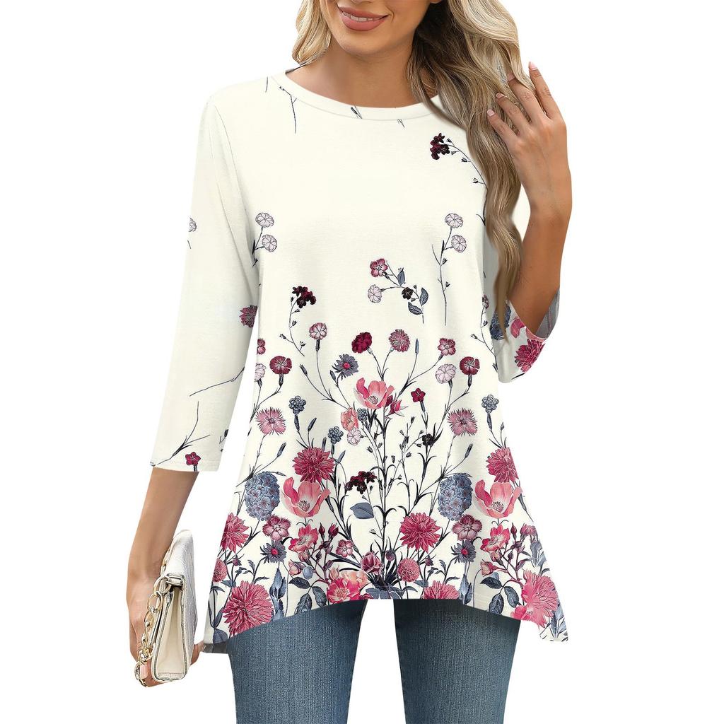 3/4 Sleeve Tunic Tops For Women Printed Daily Weekend Loose Fit Fashion Basic Round Neck T Shirt