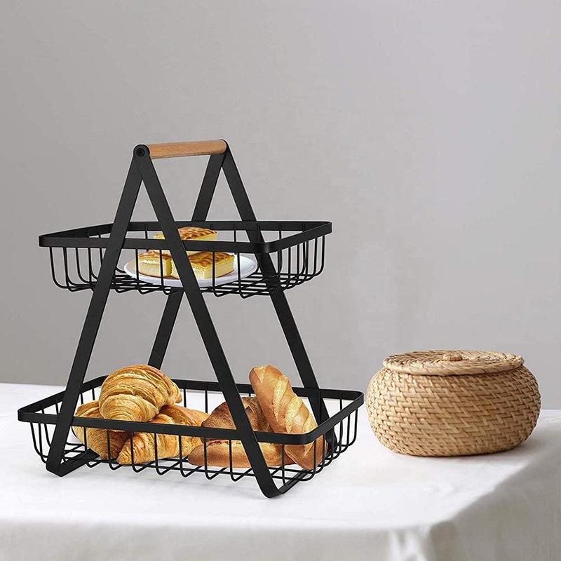 2 Tier Fruit Basket Bowl for Kitchen Counter,Bread Vegetable Fruit Basket Bowl Stand,Detachable Metal Basket Storage