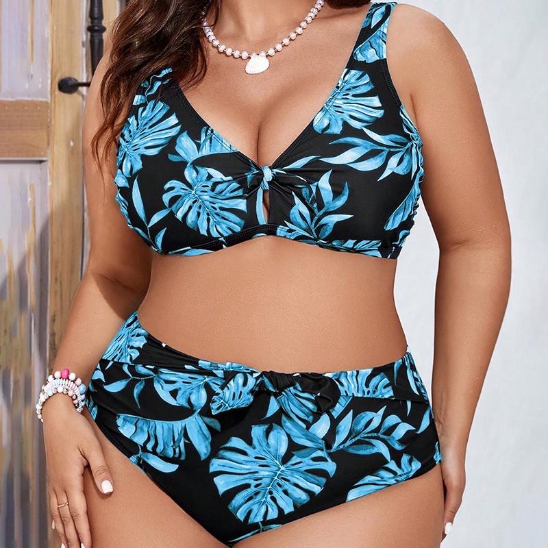 2024 Пляжное бикини большого размера с V-образным вырезом - Высокая талия, Европейско-американский принт, Сексуальный купальник для женщин