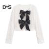 Women Sequin Jacket Big Bow Decor Loose Round Neck Long Sleeves Solid Color Cardigan Coat Short Type Outerwear for Dating Commuting Club Party