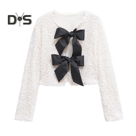 Women Sequin Jacket Big Bow Decor Loose Round Neck Long Sleeves Solid Color Cardigan Coat Short Type Outerwear for Dating Commuting Club Party