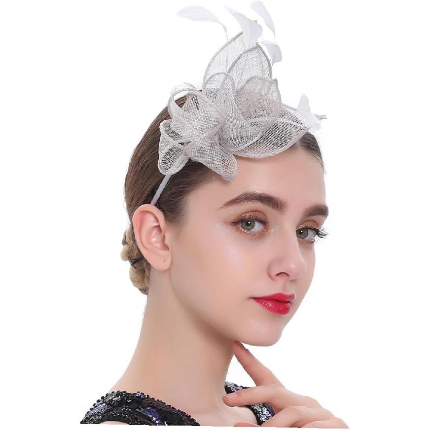 Fascinator Hat Headpiece with Headband and Hair Clip, Grey Mesh Mini Top Hat for Women, Cocktail Tea Party Accessory, Special Occasion Hair Ornament