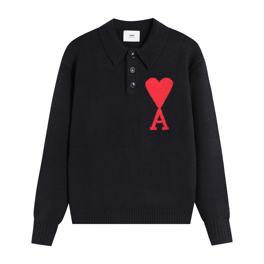 AMI New Polo Collar Knitted Sweater Jacquard Love Couple Woolen Sweater