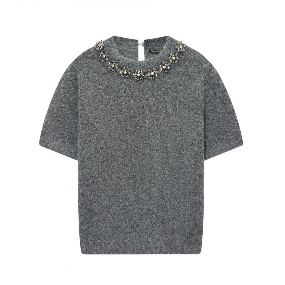 European and American style, new women's clothing, fashionable, versatile, round neck jewelry beaded short-sleeved knitted sweater