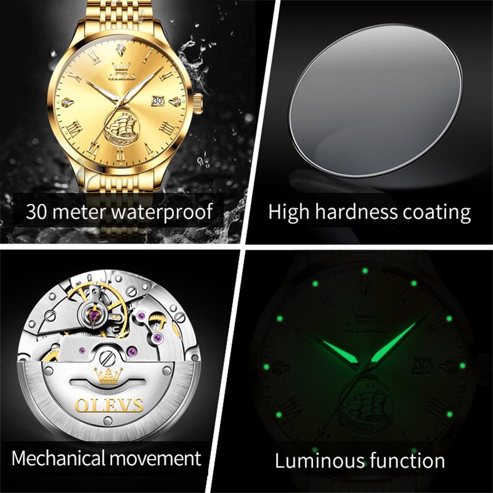 OLEVS Big Save Luxury Mens Watch Original Mechanical Watches For Men Calendar Waterproof Stainless Steel Wristwatch Clock 6696