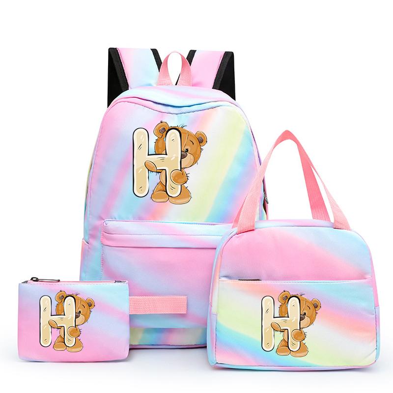 3 шт./компл. школьный рюкзак «Маленький медведь» с 26 английскими буквами и сумкой для обеда, пенал для студентов, Kawaii, школьный рюкзак для девочек