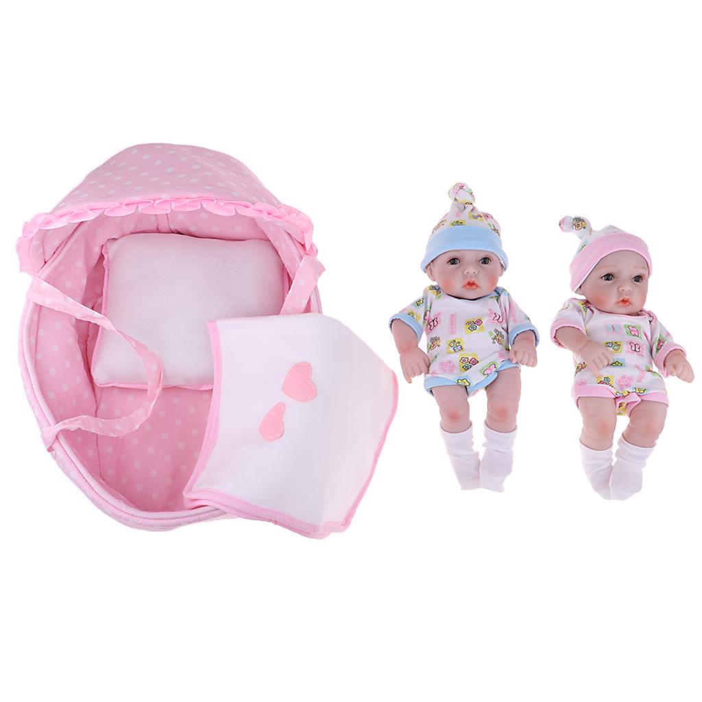 Lovely 11inch Silicone Simulation Newborn Baby Doll with Soft Basket Quilt