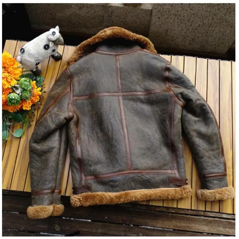 Thick Winter Warm 100% Fur Jacket.Air Force B3 Tpye Genuine Shearling Coat.Men Real Wool Cloth
