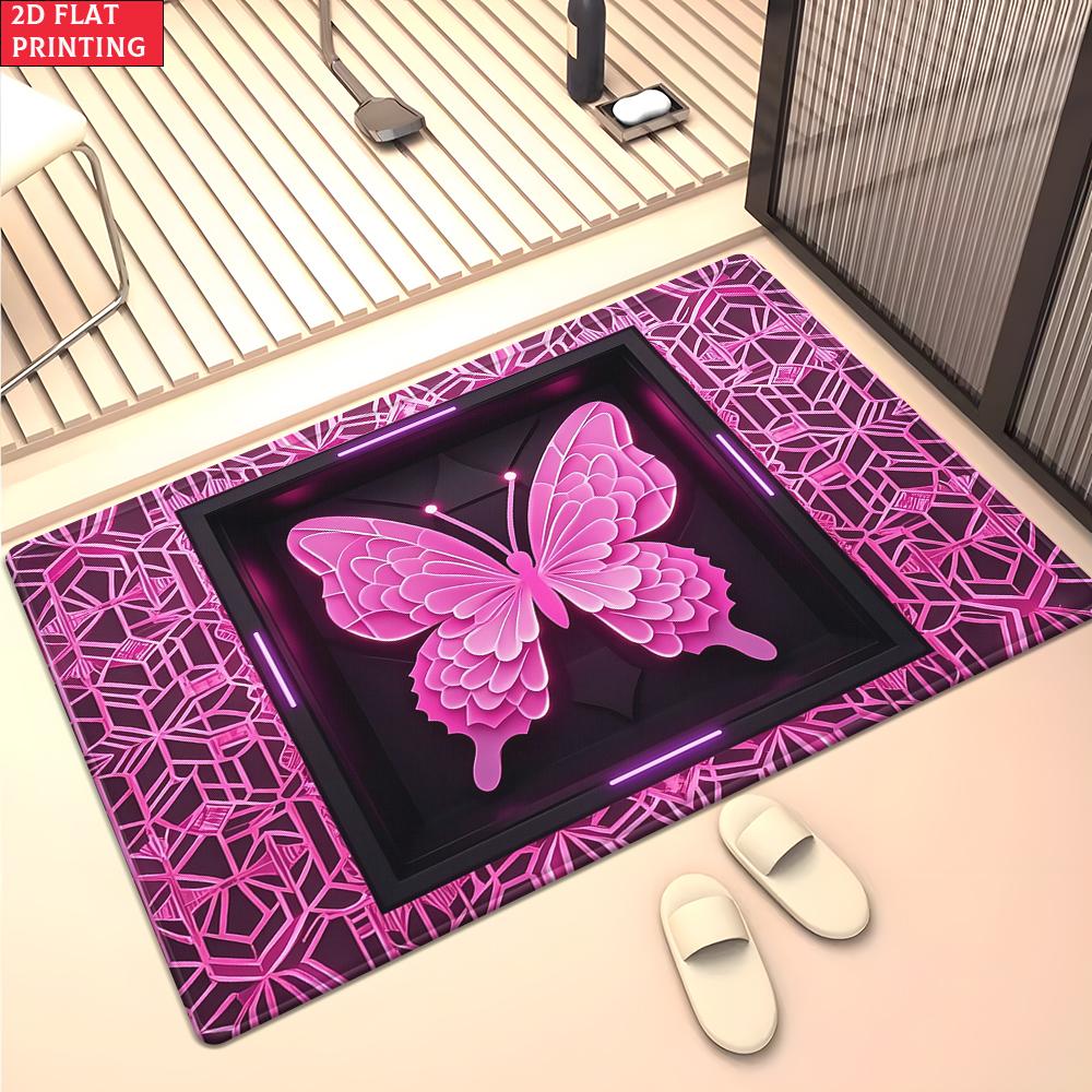 Neon Pink Butterfly Geometric Area Rug, Non-Slip Soft Carpet for Living Room Bedroom, Cyberpunk Aesthetic Decor Floor Mat