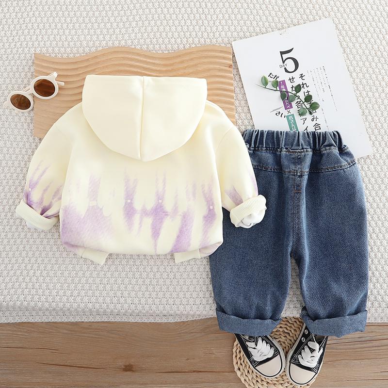 0-5 лет Комплект из двух предметов с длинными рукавами для мальчиков Детская толстовка с капюшоном и надписью Повседневные джинсы Комплект детской модной одежды