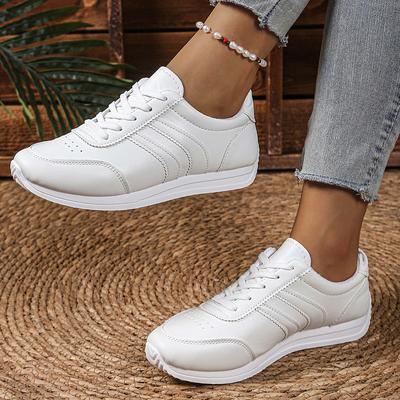 Модные женские легкие повседневные кроссовки Белая ПУ кожа Комфортная спортивная обувь для женщин На шнуровке Дышащие кроссовки для бега Большой размер