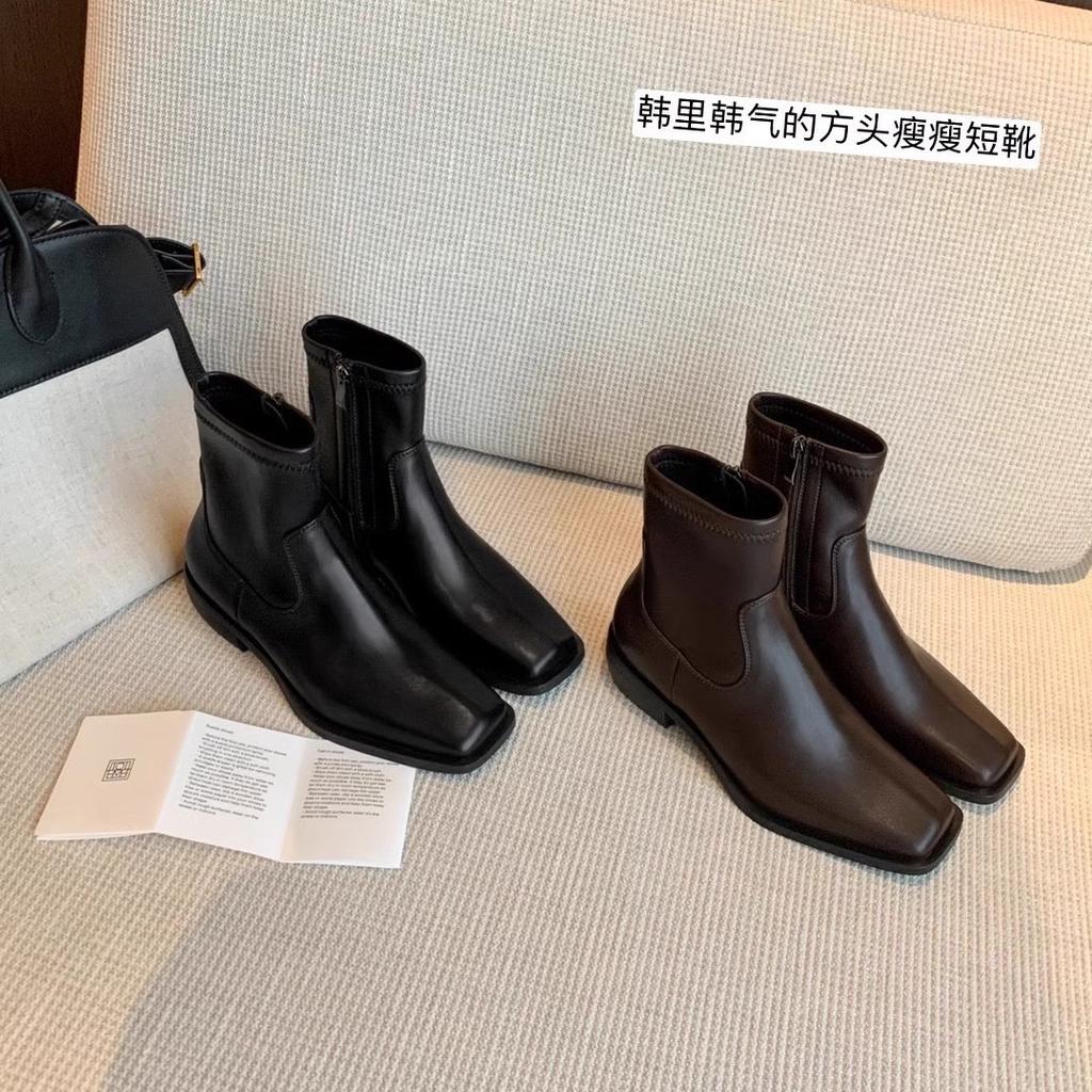 Версия из коровьей кожи Su Yinyin того же корейского большого кузена с квадратной головкой и боковой молнией на толстом каблуке, эластичные короткие женские тонкие ботинки