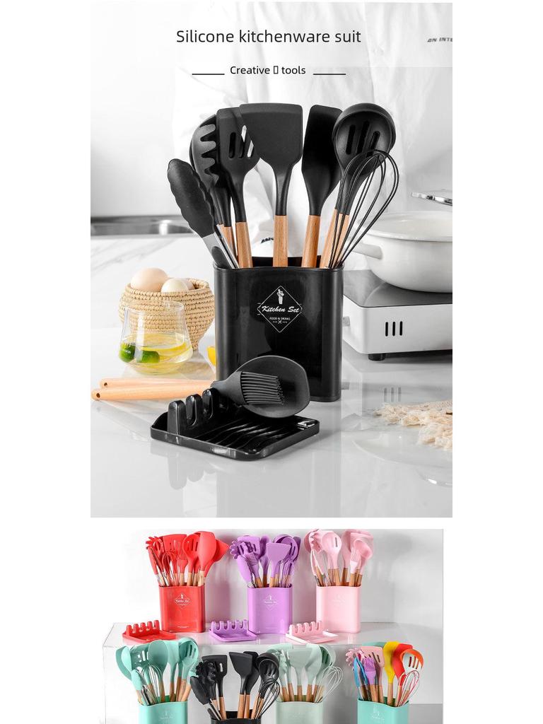 Набор из 12 сковородок с антипригарным покрытием и деревянными ручками: Включает кастрюлю, лопатку, ложку для супа и лопатку для жарки - Силиконовые кухонные принадлежности