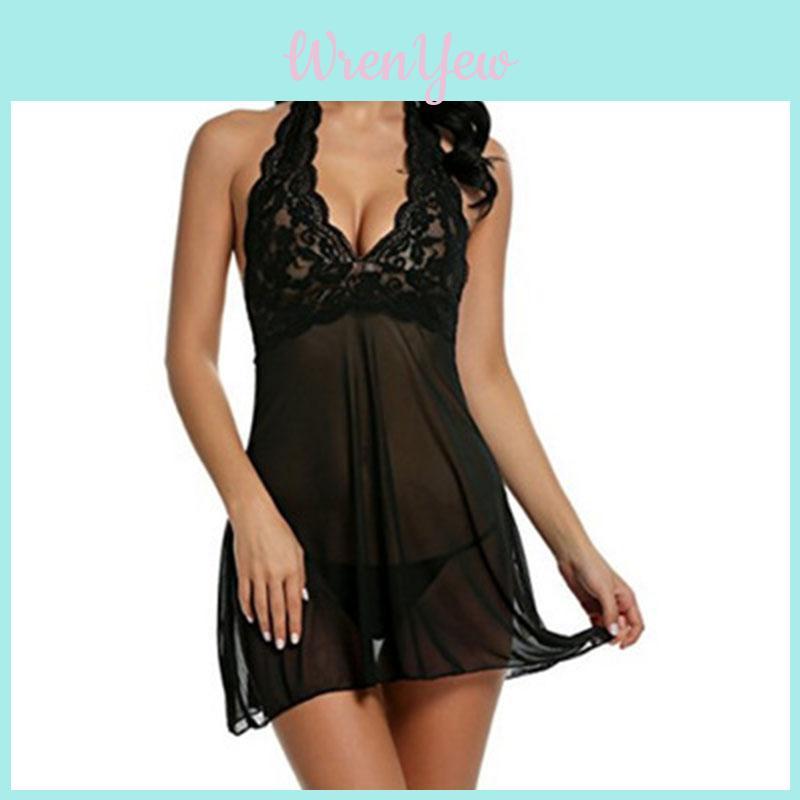 Elegant Women Sexy Lingerie Dress Baby Doll Halter Lace Patchwork Sleepwear Nightwear