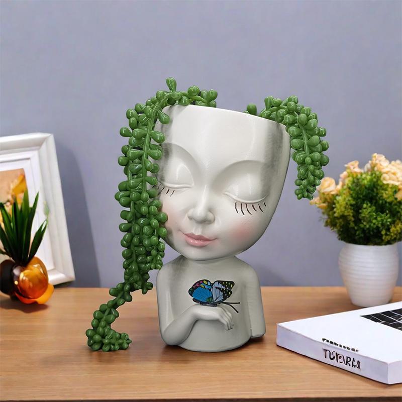 Горшок для цветов в виде лица девочки-бабочки, кашпо для суккулентов с дренажным отверстием, милые горшки для цветов в виде женского лица, смоляные настольные украшения