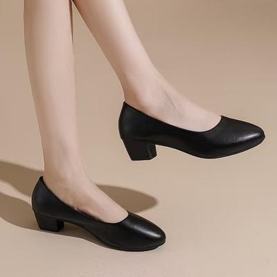 Осенние черные туфли на высоком каблуке женские весенние из мягкой кожи на толстом каблуке для работы остроносые маленькие кожаные туфли туфли-лодочки женские