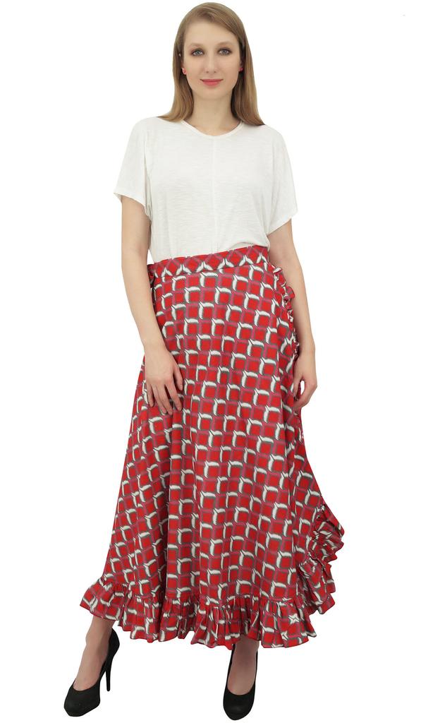 Phagun Женская хлопковая юбка с принтом икат в стиле хиппи, красная юбка с запахом и рюшами