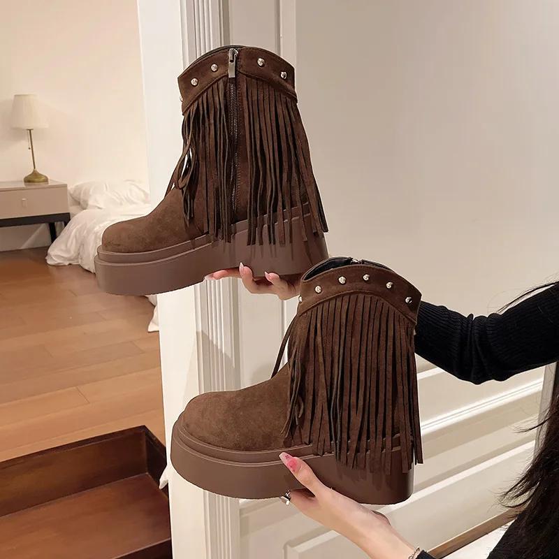 Ботинки на платформе с кисточками для женщин, осенне-зимние женские сапоги, замшевые, с круглым носком, на толстом высоком каблуке, короткие женские сапоги в стиле ретро