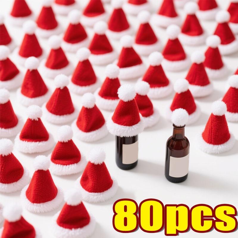 5/100 шт. Мини-шапочки на рождественскую винную бутылку, мягкий бархатный колпак Санты, нетканый материал, декор для рождественской вечеринки, украшение для стола, винной бутылки
