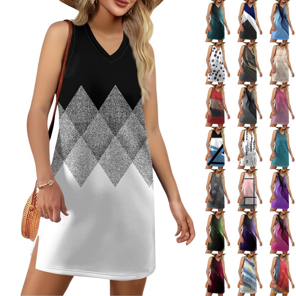 Женский летний повседневный сарафан без рукавов с V-образным вырезом для пляжного отдыха в стиле пэчворк с цветными блоками