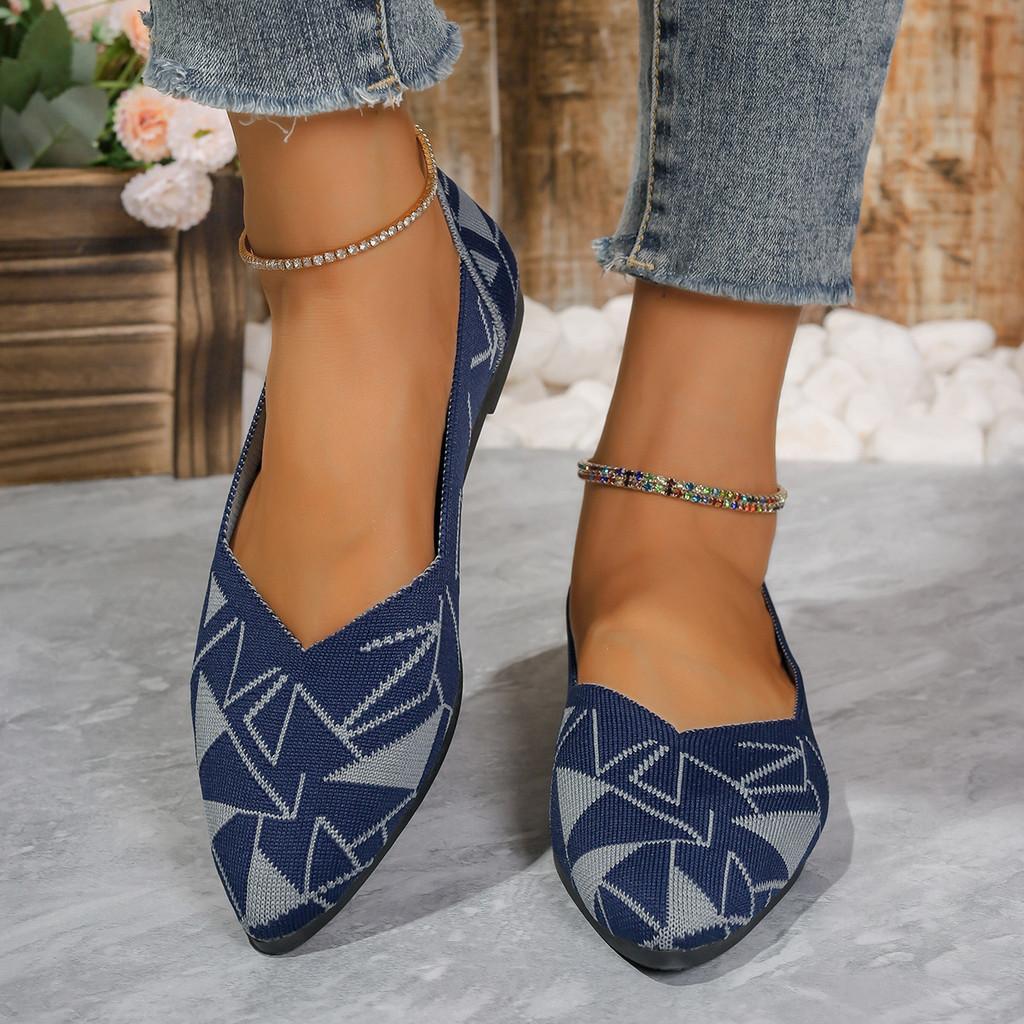 Stylish Cross-border Knit Flat Shoes For Women With Geometric Pattern And Pointed Toe Design