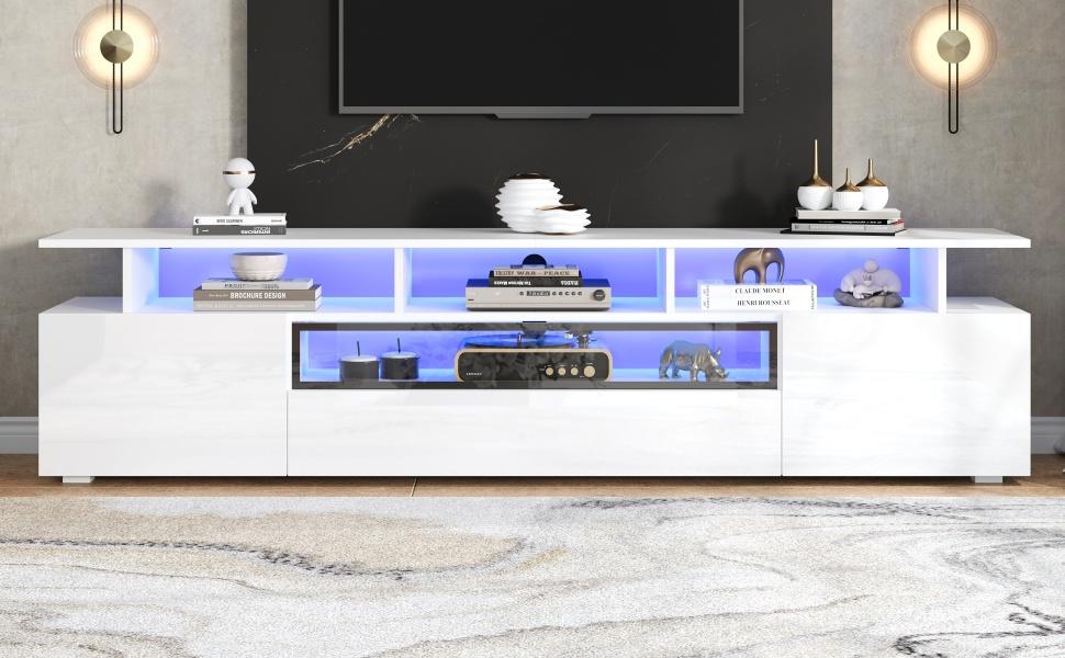 180*38*45cm TV Cabinet with 2 Cabinets and 1 Drawer, Lowboard with LED and 10 Storage Surfaces, Suitable for TVs around 75 Inches