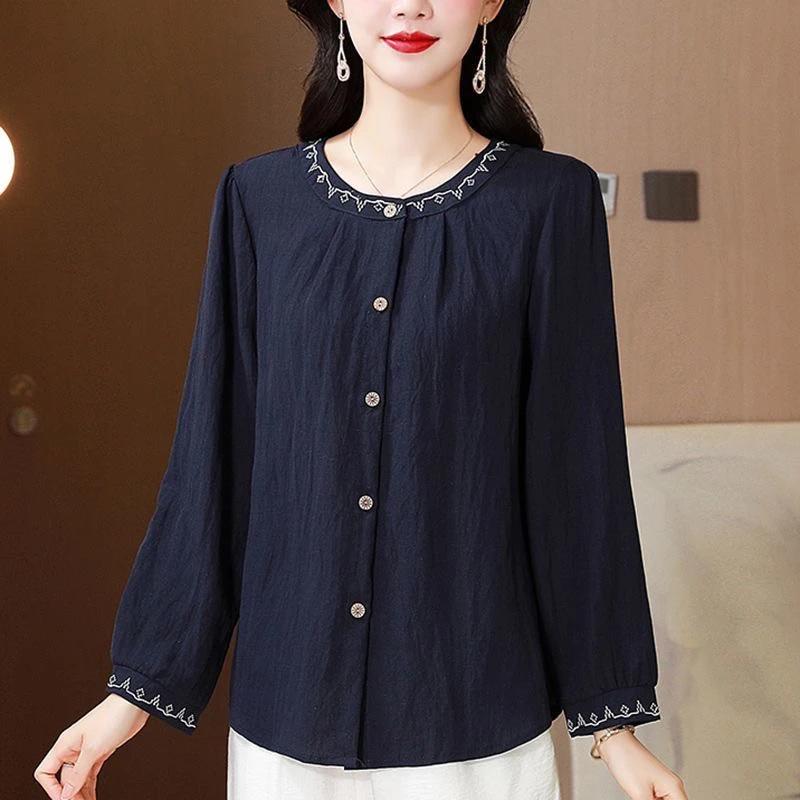 Вышитая хлопково-льняная рубашка для женщин на начало осени, новая, свободная, скрывающая живот, универсальная, с длинным рукавом, хлопково-льняные блузки