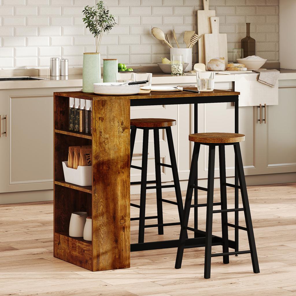 Industrial Bar Table Set for 2, 3 Pieces Pub Table and Bar Stools with Storage Shelf for Kitchen