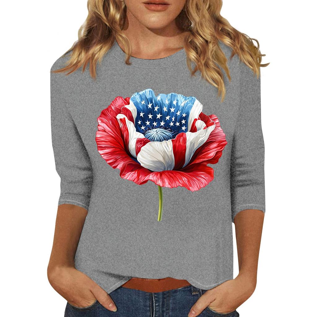 3/4 Sleeve Tops For Women T-Shirt Casual Print Tops T Shirt Round Neck Pullover Blouse