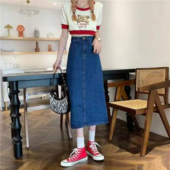 Женская джинсовая юбка А-силуэта с высокой талией - Приталенная, для высоких, средней длины для осени 2022