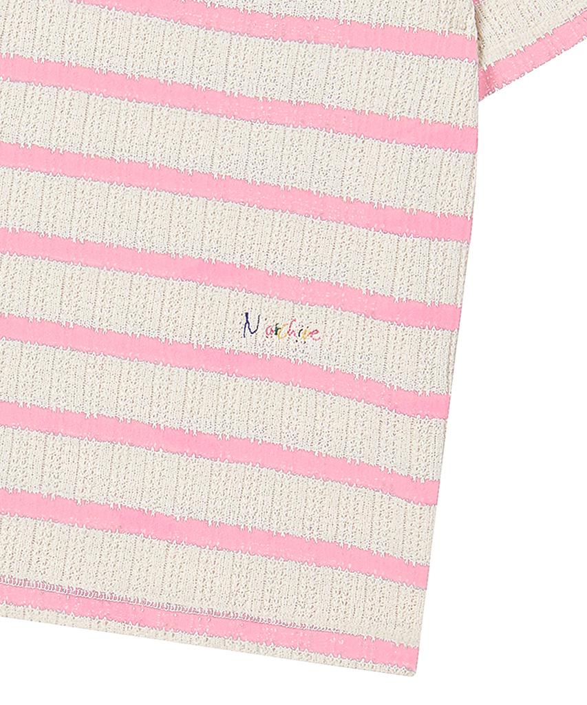 BEYOND CLOSET [Collection Line] Lux Cotton Stripe Henley Neck Short Sleeve Knit Pink
