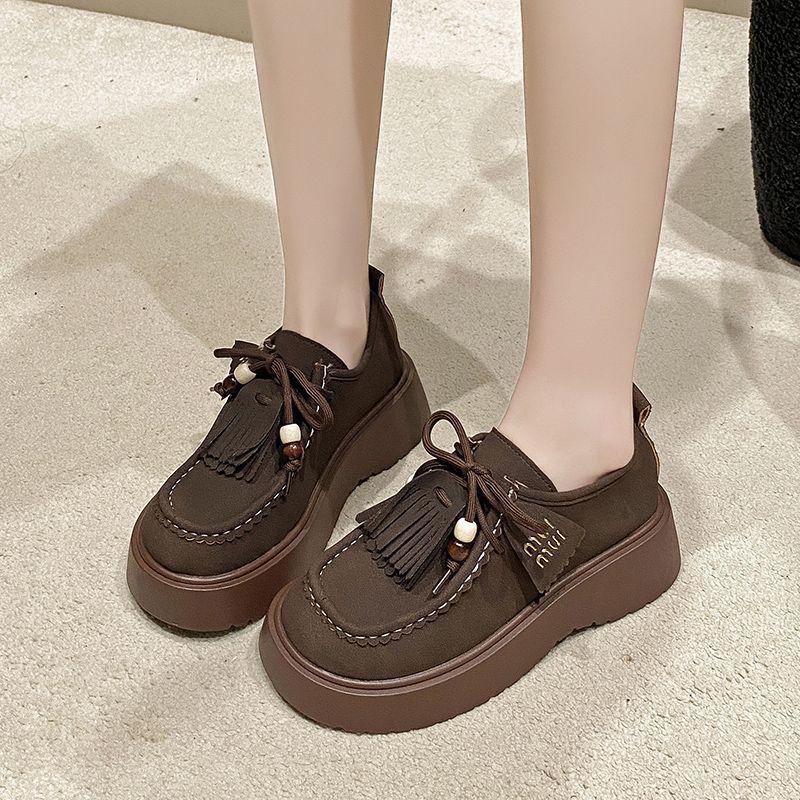 2025 Spring and Summer New Heightened Thick-soled Muffin Fringed Birken Women's Shoes Versatile Casual Round Head Lace-up Single Shoes Women