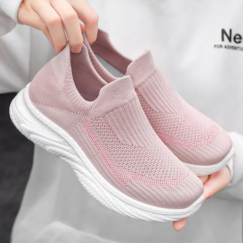 Fashion Women Vulcanized Shoes High Quality Mesh Breathable Sneakers Slip On Flat Shoes Women Loafers Walking Shoe Zapatillas De Deporte