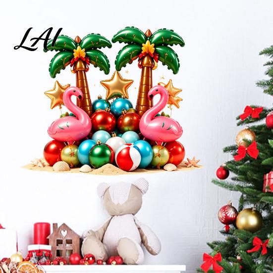 Island Holiday Window Clings Christmas Flamingo Palm Tree Wall Sticker Tropical 3D Effect Removable Festive Home Ornament Decal Waterproof