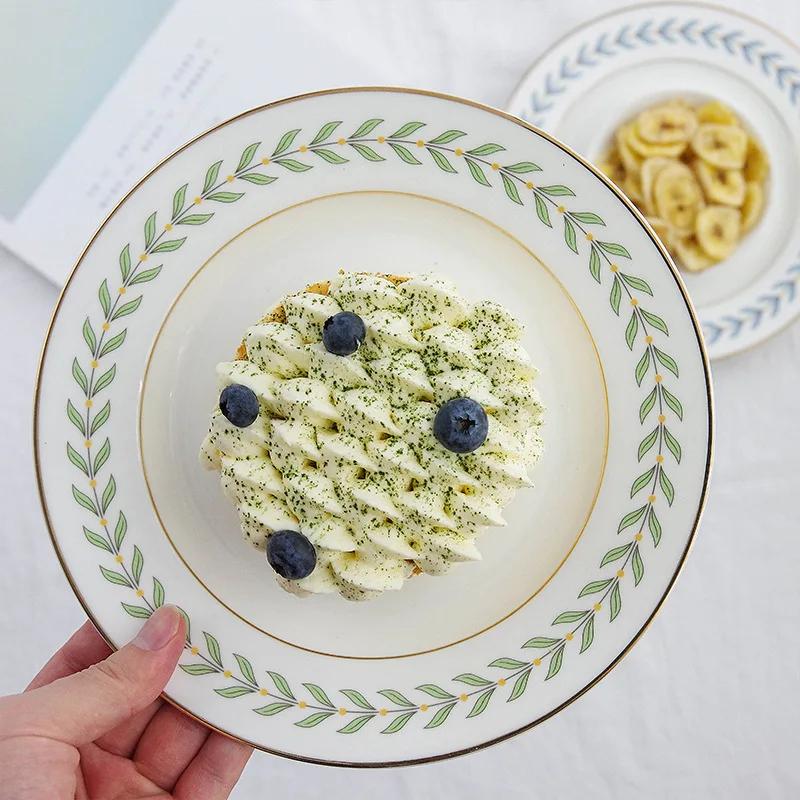 8-дюймовая керамическая тарелка круглая обеденная тарелка тарелка для торта десерта еды золотой ободок узор из листьев сервировочные блюда фарфор кухонная посуда
