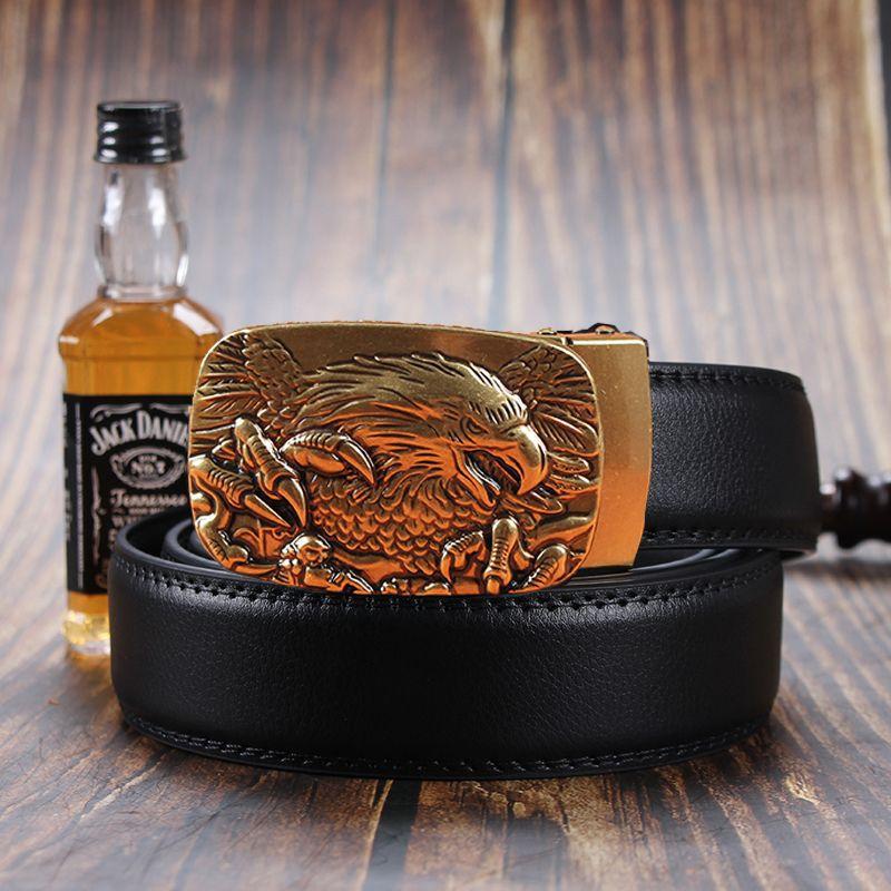Men's Leather Belt with Automatic Buckle, Genuine Leather, Bronze Buckle, Faucet for Middle-aged and Young Business Casual Pants
