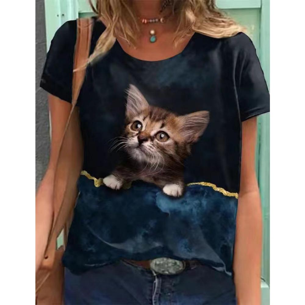 Милая женская модная повседневная футболка с круглым вырезом и короткими рукавами с 3D-цифровым принтом кошки