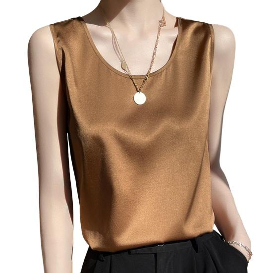 Women Summer Vest Round Neck Sleeveless Smooth Satin Vest Regular Fit Tank Tops Casual Camisole Clubs Daily Wear