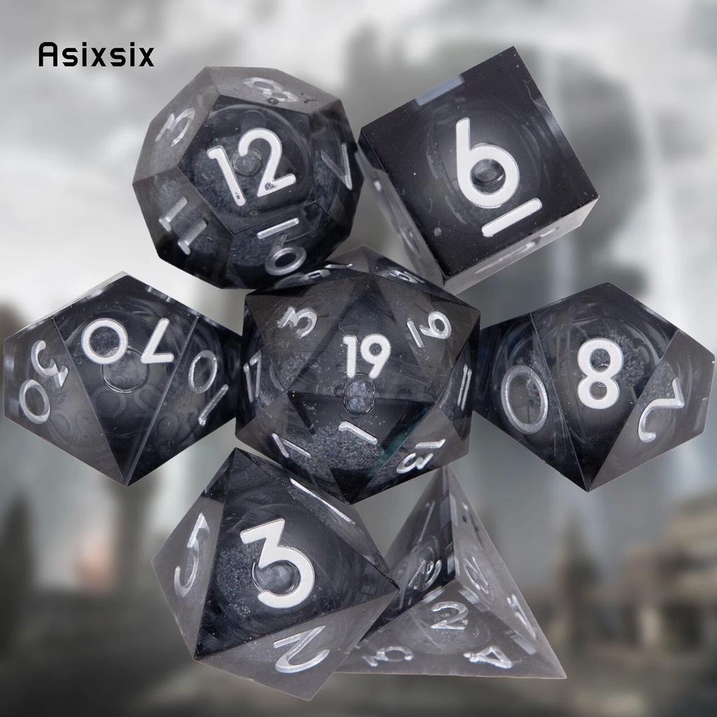 7 шт., черная смола, струящийся песок, белый номер, острые края, многогранные кости, подходящие для ролевой настольной игры
