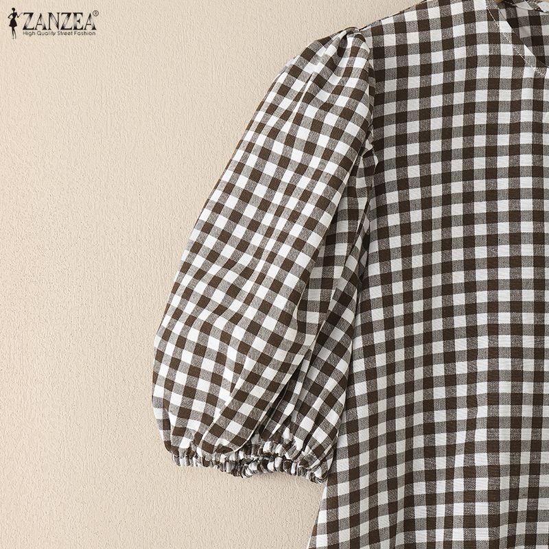 ZANZEA Женское повседневное платье с круглым вырезом, коротким рукавом и летним принтом в клетку