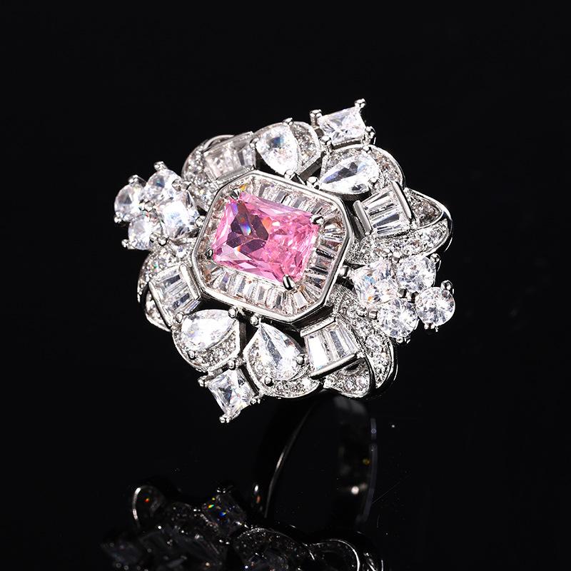Pink zirconium ring Royal blue red corundum ring European and American retro inlaid zircon square ring ring