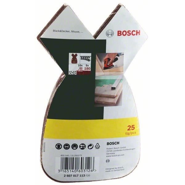 Set de 25 feuilles abrasives - BOSCH - 2607017113 - Grain 80/120/180 - Accessoires Ponceuse Mouse - Gris