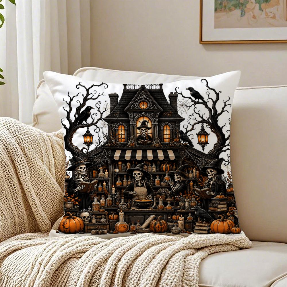 Halloween Maximalist Cushion Cover Breathable Organic Short Plush Pillow Case Machine Washable Wrinkle-Resistant Soft Durable
