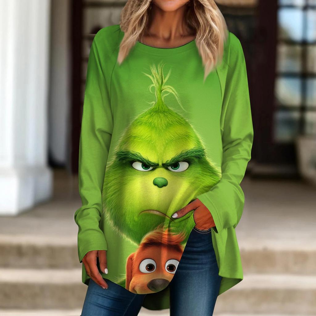 Women's Casual Plus SizeLong Sleeved Round Neck Christmas Printing T-shirt Top Pullover