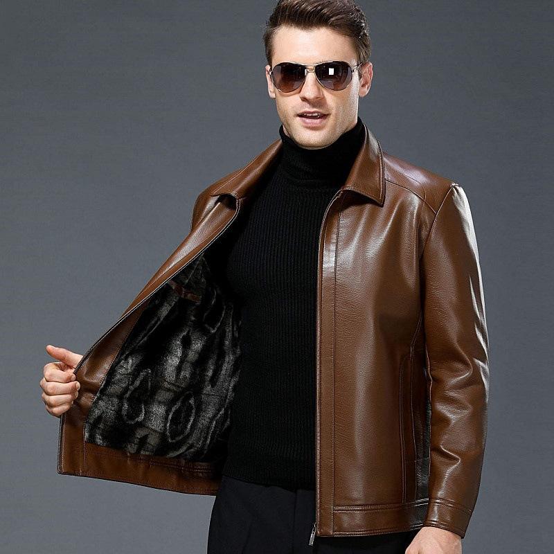 Middle Aged and Elderly Leather Jacket for Men's Fathers, Fur for Autumn and Winter, Men's Plush and Thickened Lapel Jacket, Genuine Leather Jacket